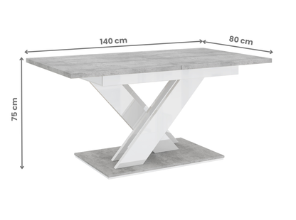 Extendable dinner table in concrete and white gloss for kitchen and dining room.