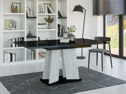 Elegant 160 cm black gloss dining table with extendable top and V-shaped concrete base.