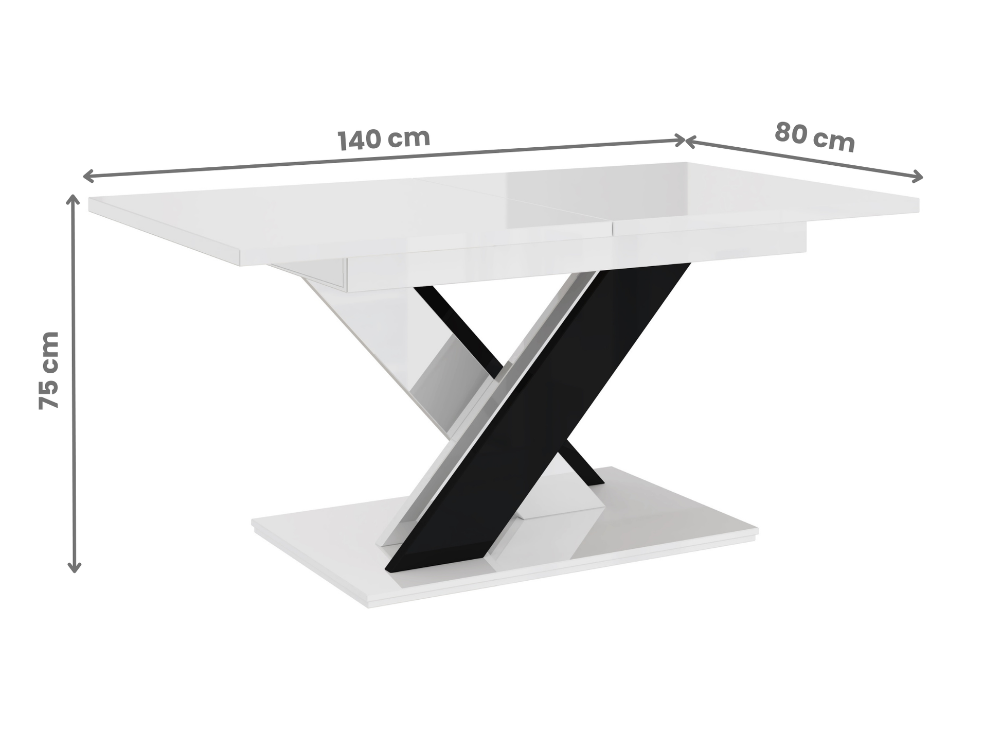 Modern extending dining table in white and black gloss, ideal for dining rooms.