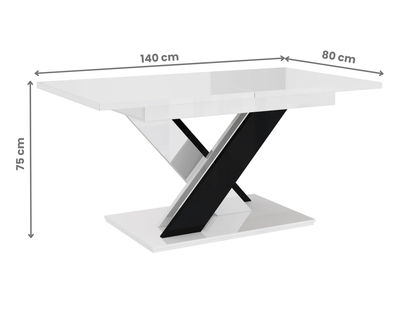 Modern extending dining table in white and black gloss, ideal for dining rooms.