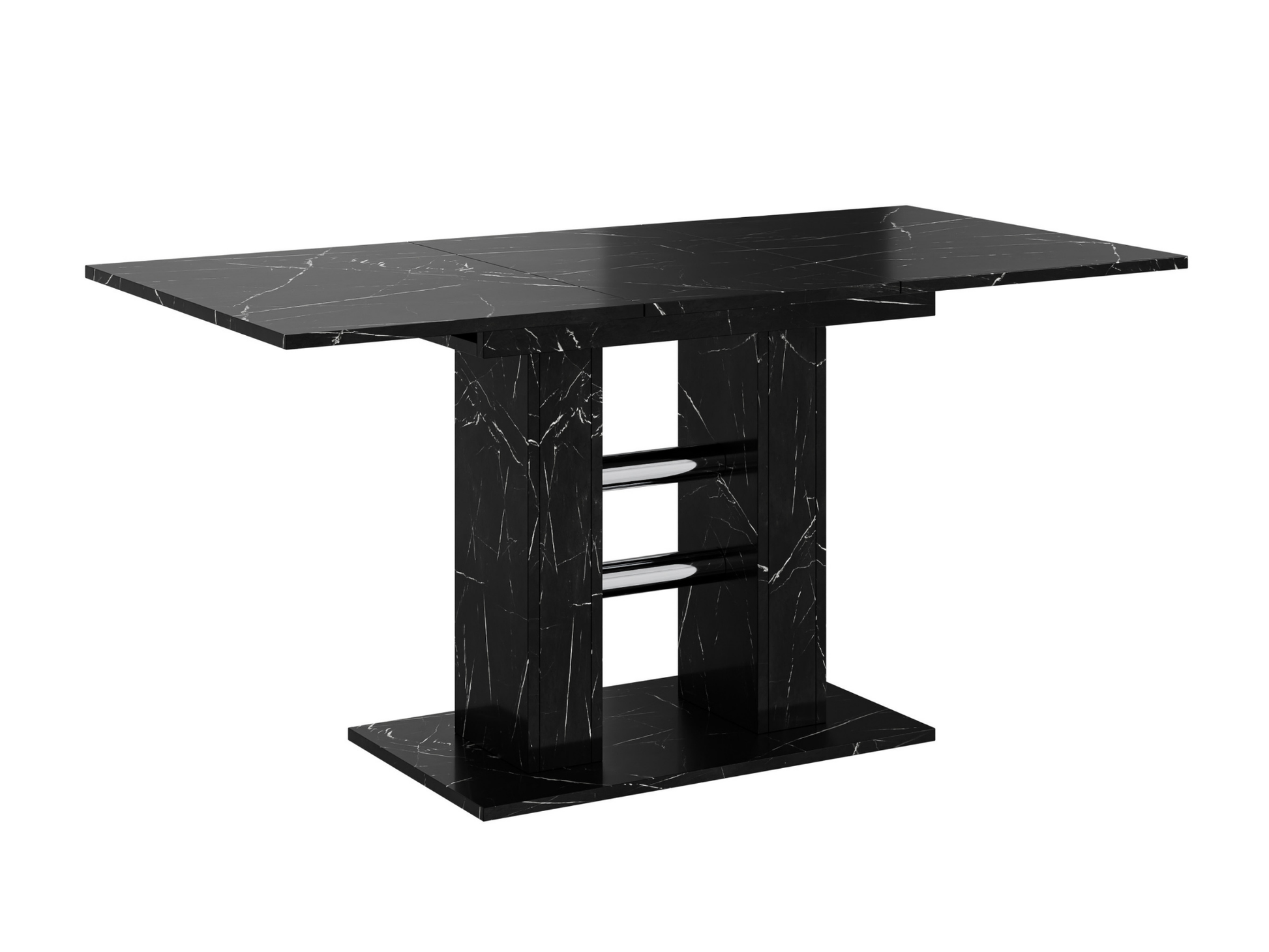 Fully extended dining table with black marble effect top, ideal for hosting and family dining