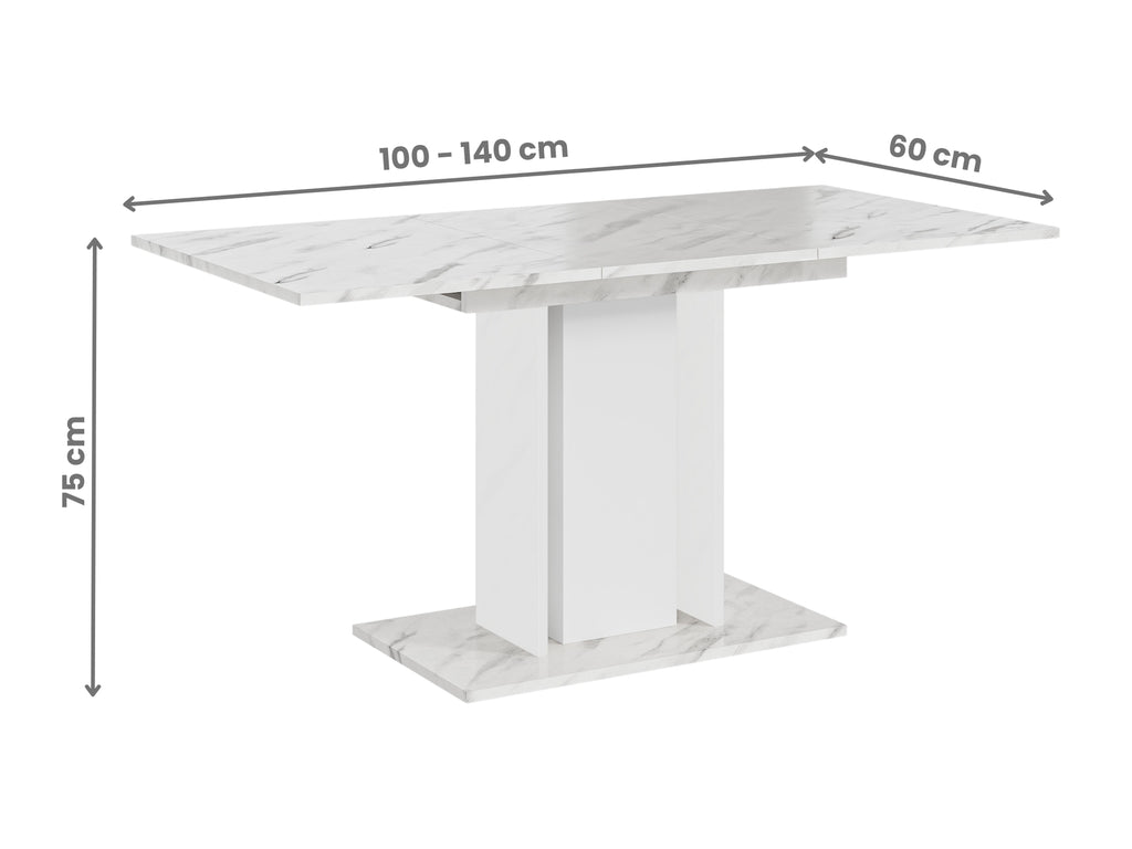 Extendable dining table with White Bianco Marble Effect top, white central column and marble effect side columns shown with dimensions
