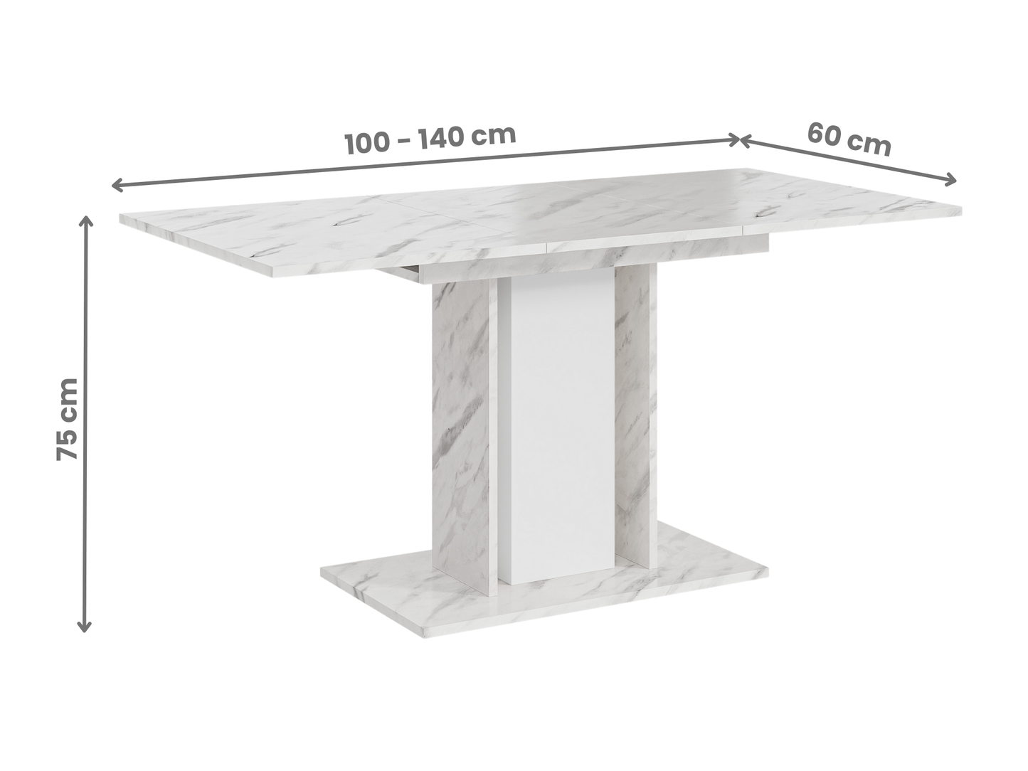 Extendable dining table with White Bianco Marble Effect top, white central column and marble effect side columns shown with dimensions