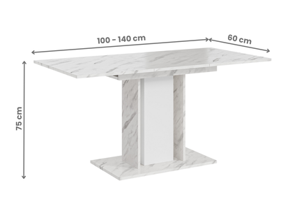 Extendable dining table with White Bianco Marble Effect top, white central column and marble effect side columns shown with dimensions