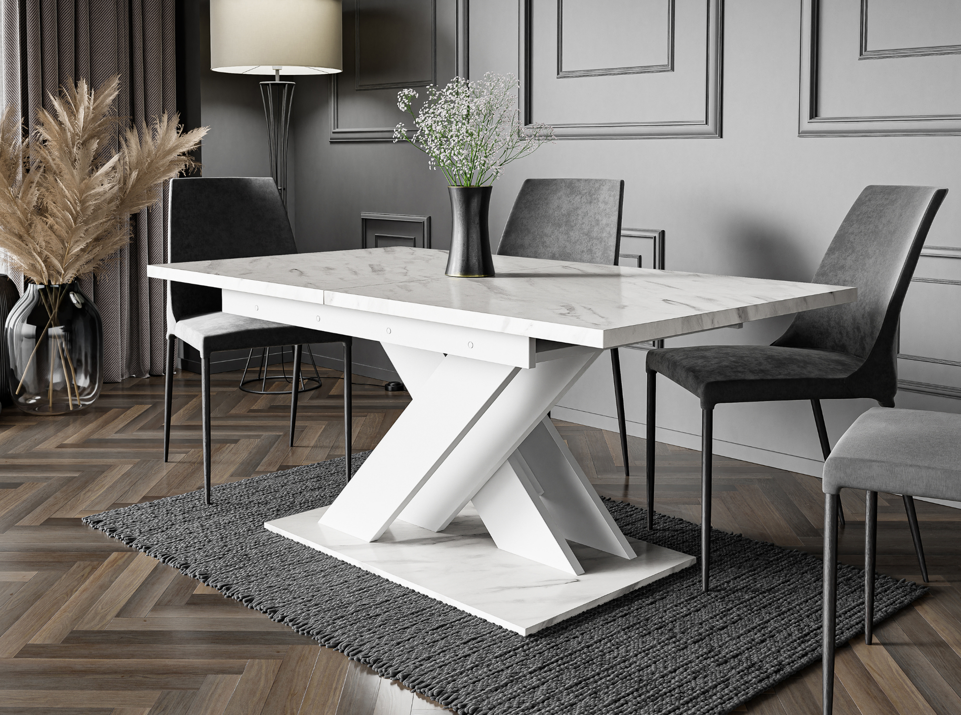 Extendable dinner table in Bianco white marble for kitchen and dining room.