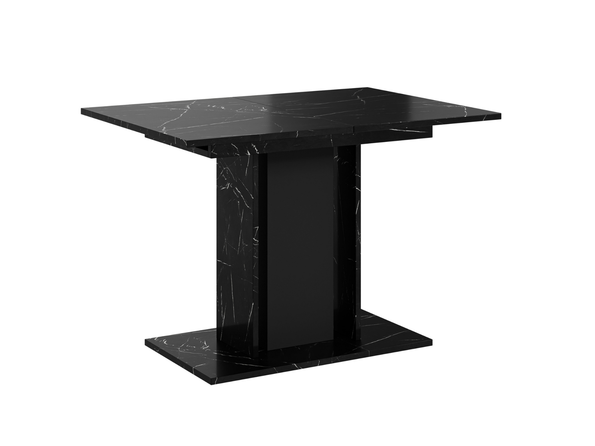Extended dining table with Black Royal Marble Effect tabletop and black column for added stability