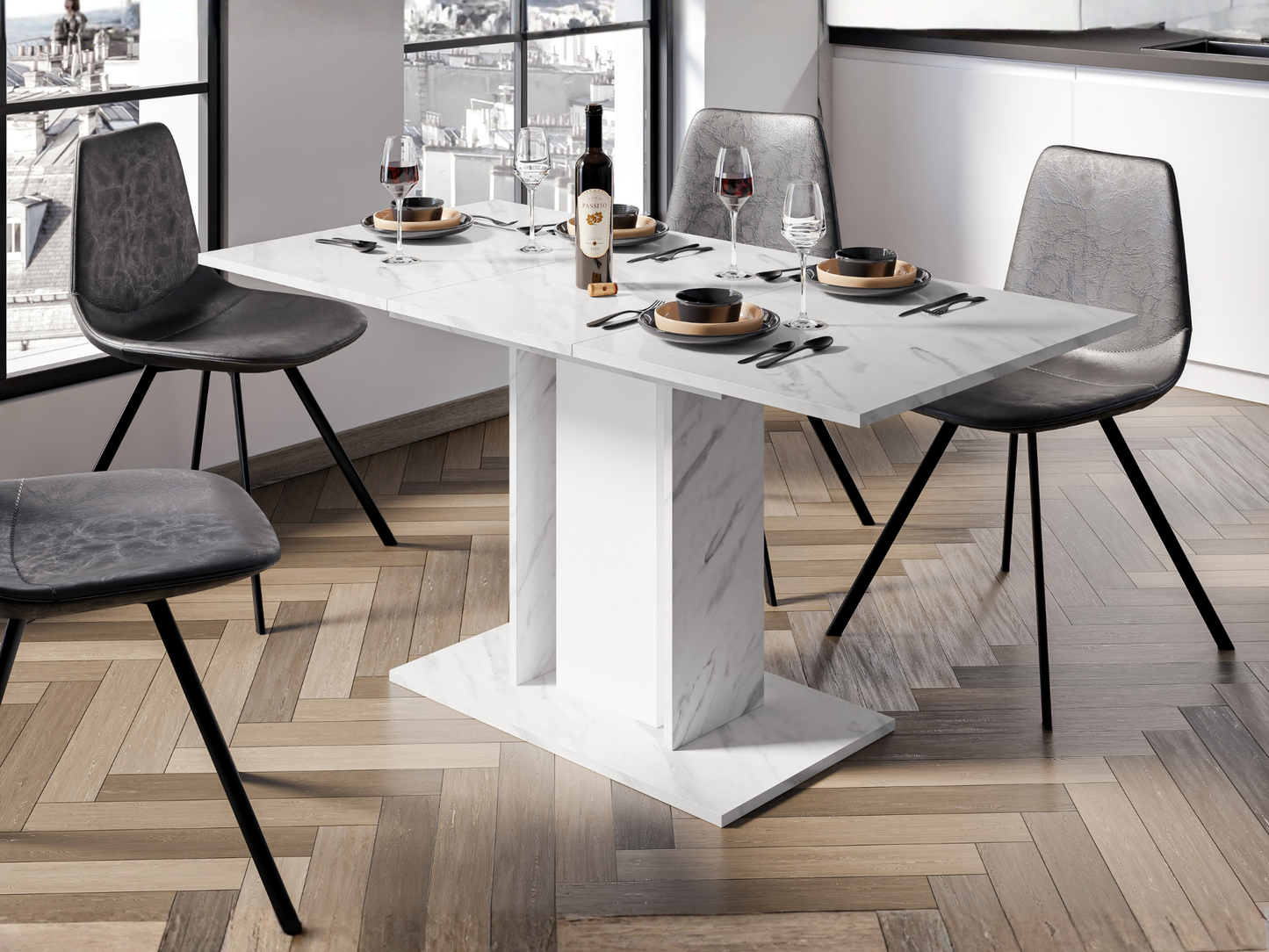 Extendable dining table with White Bianco Marble Effect tabletop, white central column and marble effect side columns, styled with chairs