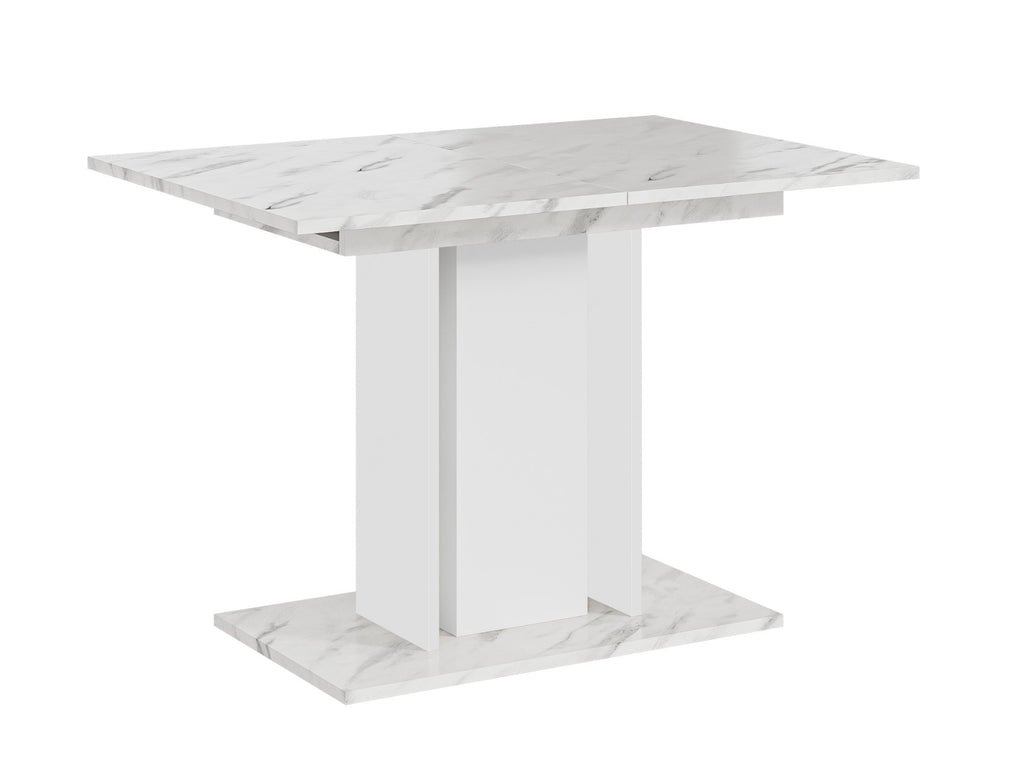 Closed extending dining table featuring a White Bianco Marble Effect surface with white central column and matching side supports
