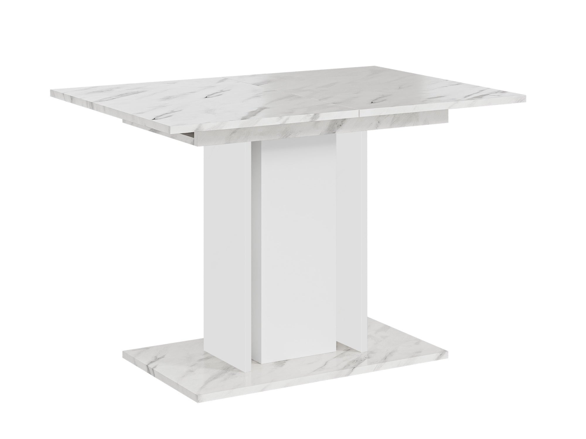 Closed extending dining table featuring a White Bianco Marble Effect surface with white central column and matching side supports
