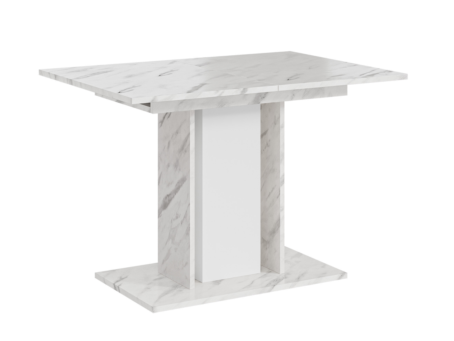 Closed extending dining table featuring a White Bianco Marble Effect surface with white central column and matching side supports