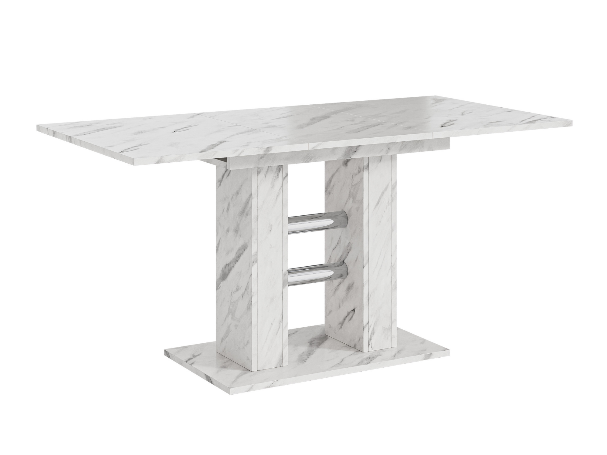 Fully extended dining table finished in White Bianco Marble Effect, suitable for family meals and guests