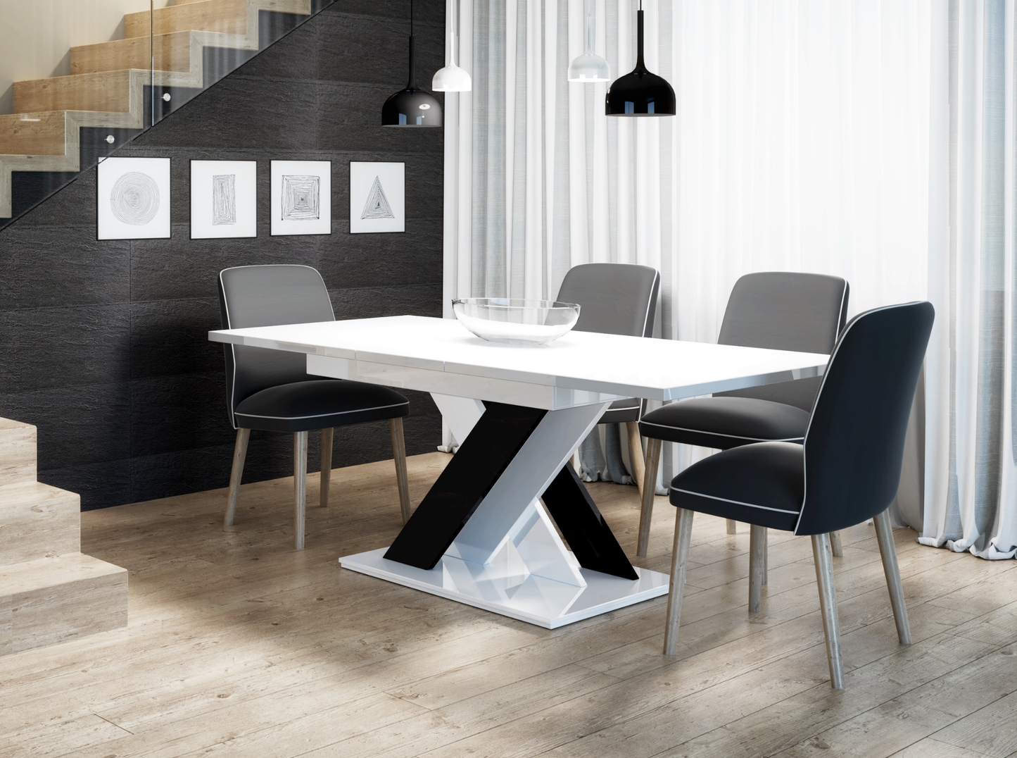 Extendable dinner table in white and black gloss for kitchen and dining room.