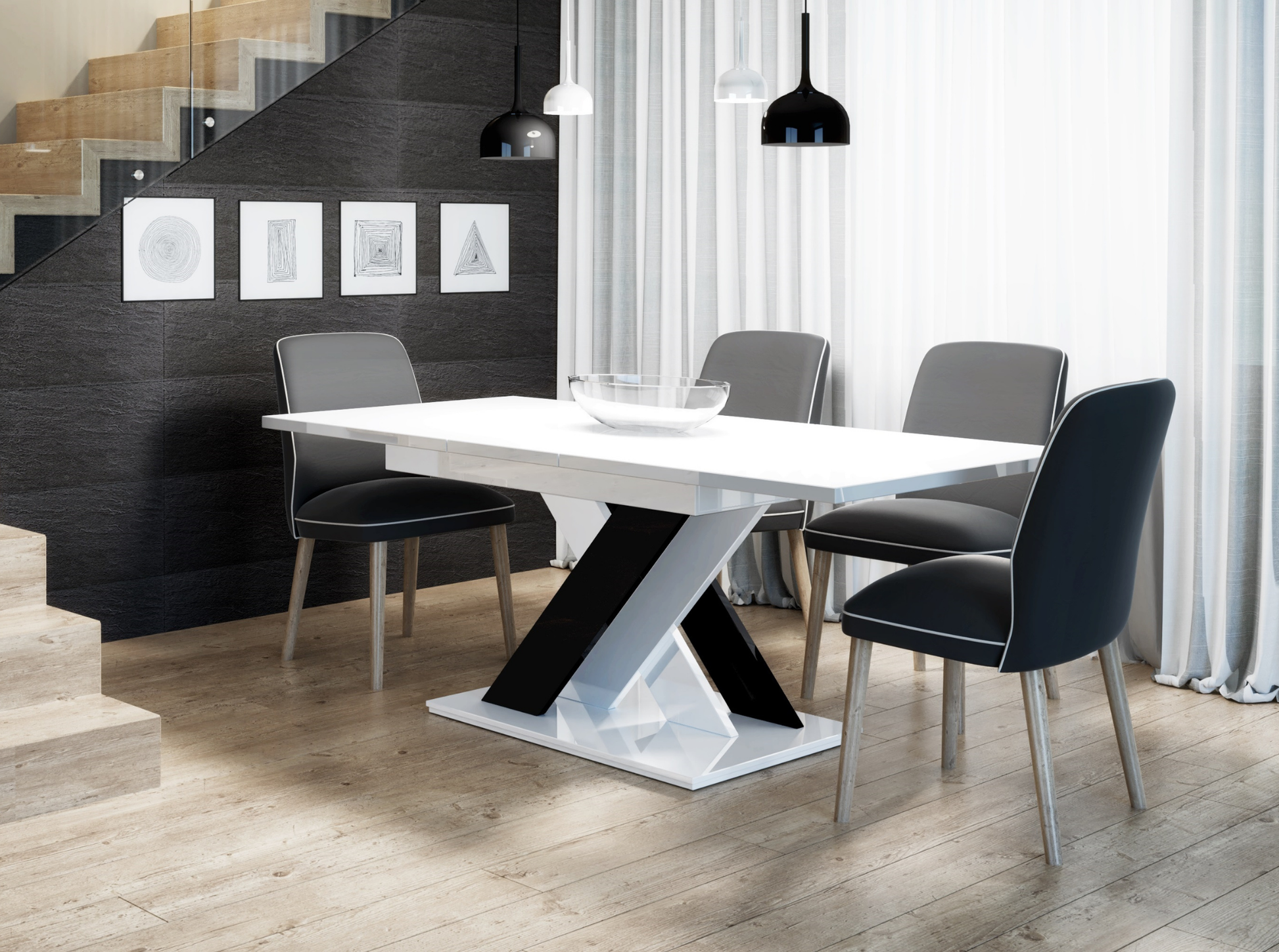 Extendable dinner table in white and black gloss for kitchen and dining room.