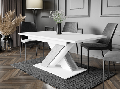 Extendable dinner table in white and concrete effect for kitchen and dining room.