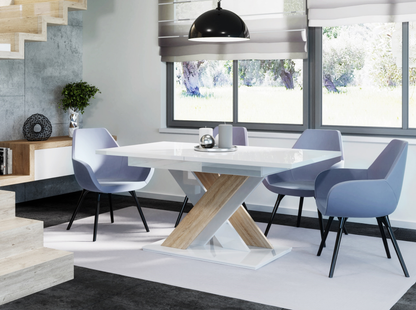 Extendable dinner table in white gloss and oak effect for kitchen and dining room.