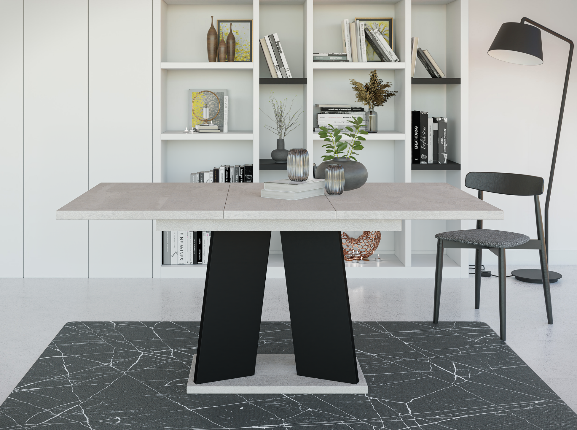 Elegant black and concrete-effect dining table with extendable top and stable V-shaped base.