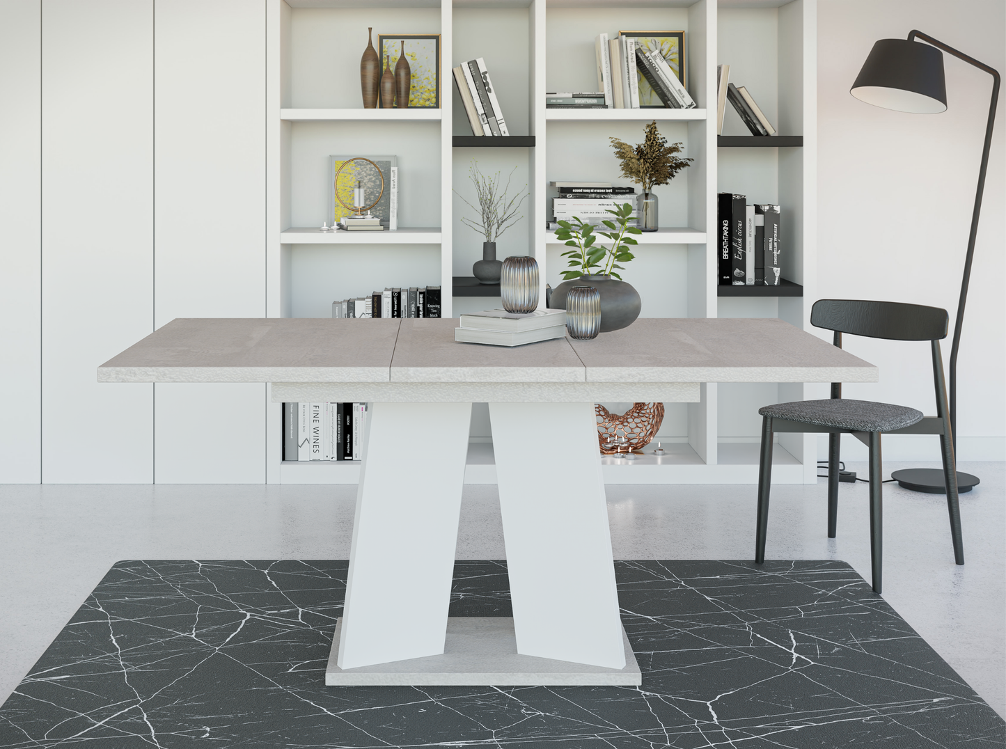 Stylish 160 cm concrete-effect dining table with glossy white base for a modern dining room.