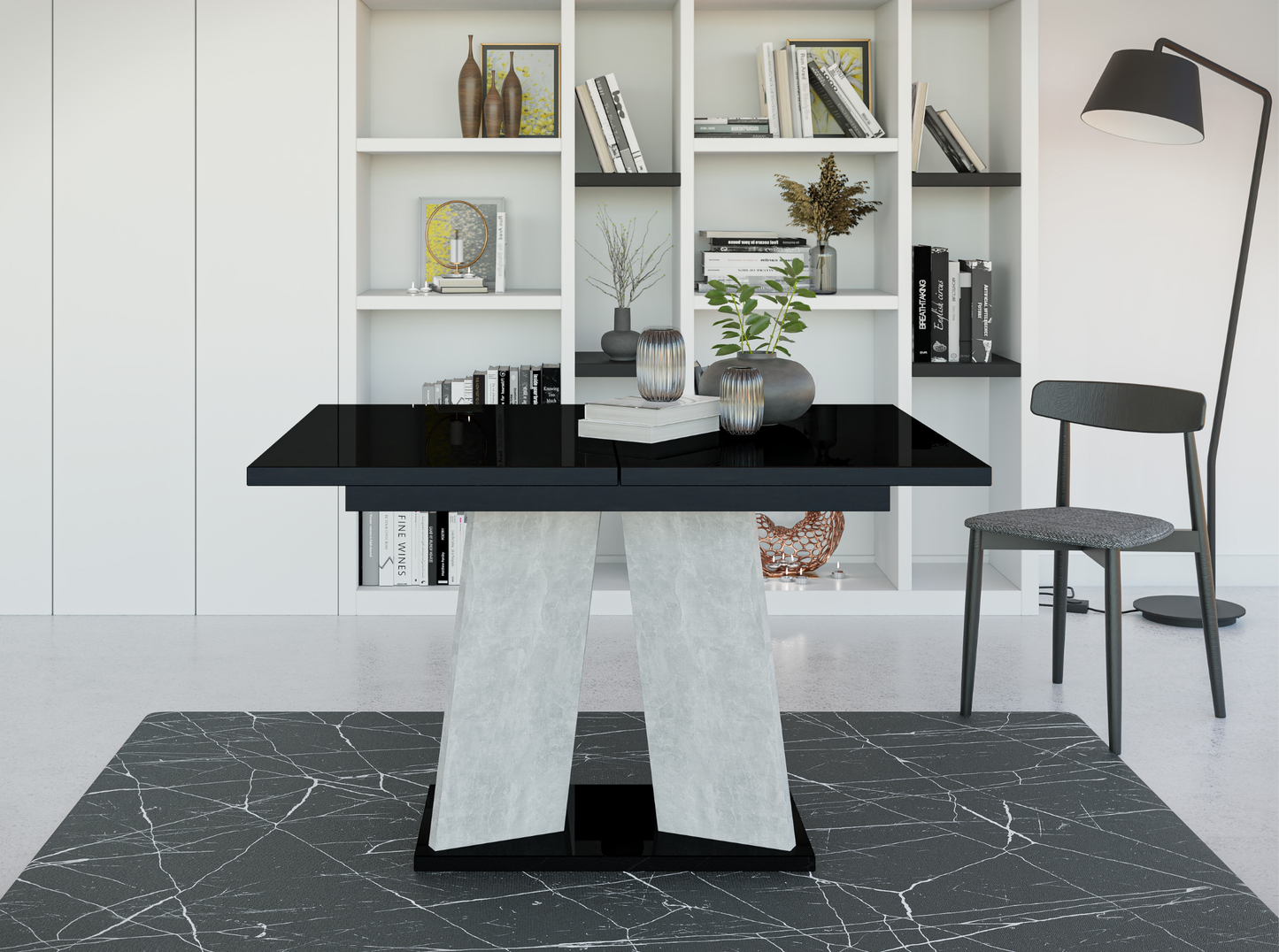 Compact black gloss dining table for four, extendable design with modern pedestal base.