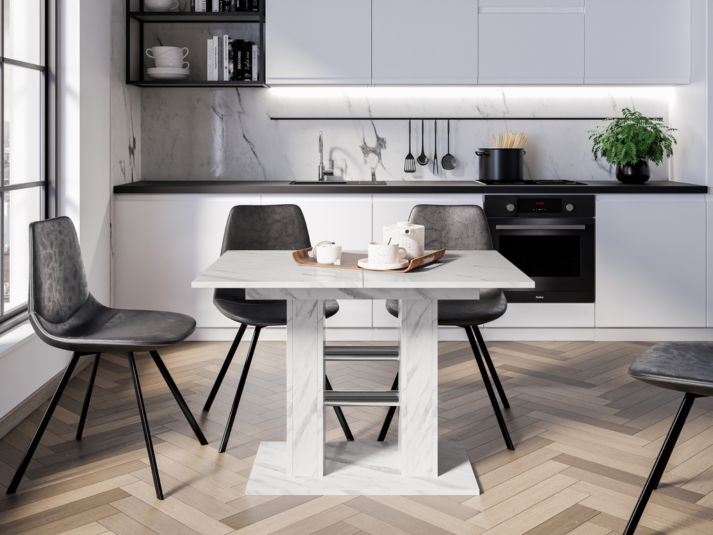Modern extending table in a kitchen dining area, featuring a White Bianco marble effect tabletop