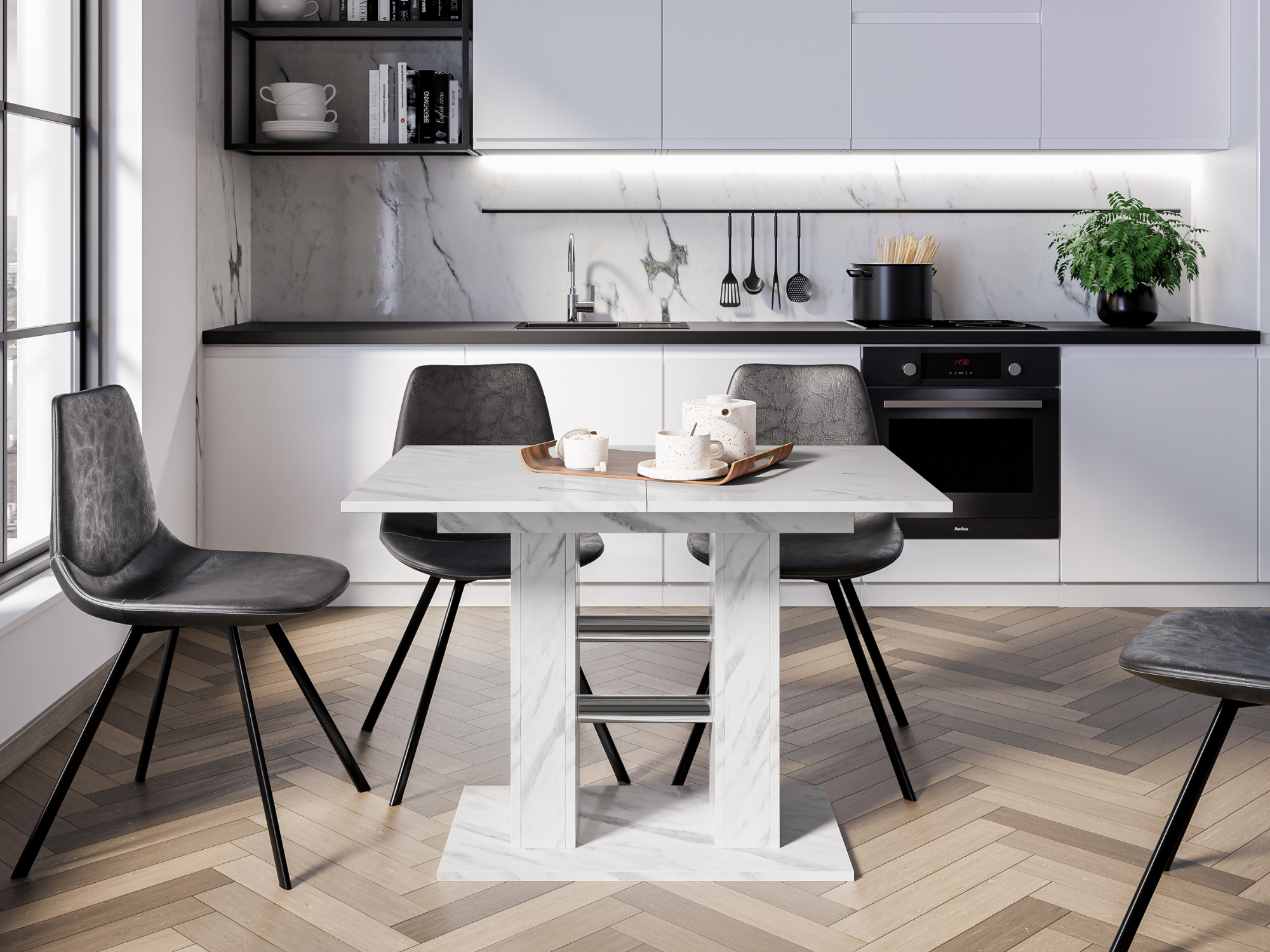 Modern extending table in a kitchen dining area, featuring a White Bianco marble effect tabletop