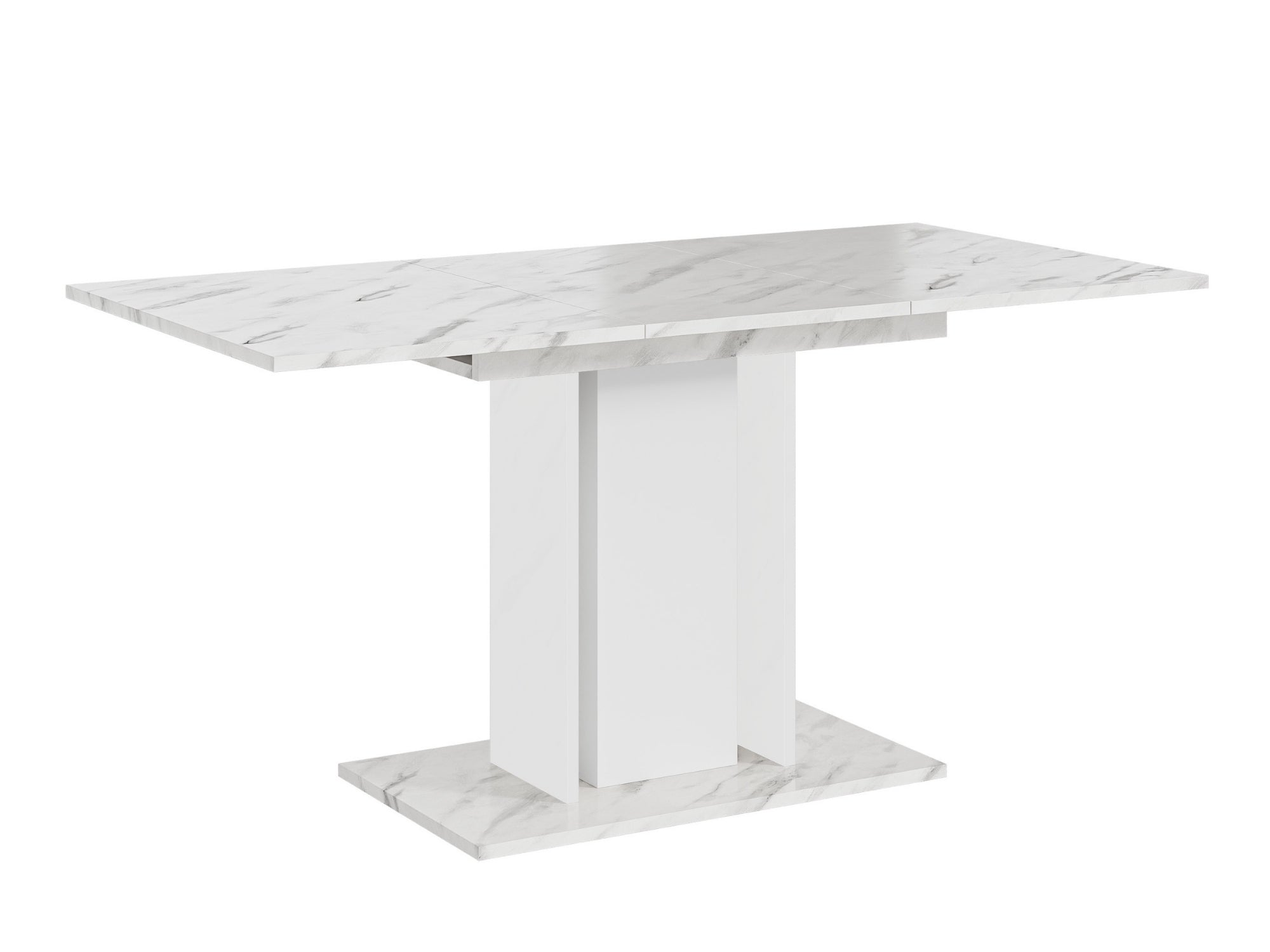 Extended dining table with White Bianco Marble Effect top, white central column and marble effect side columns