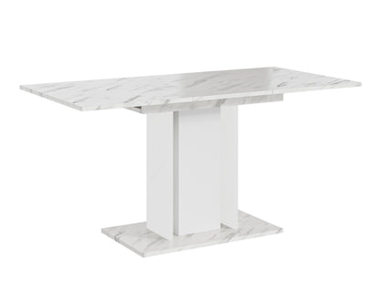 Extended dining table with White Bianco Marble Effect top, white central column and marble effect side columns