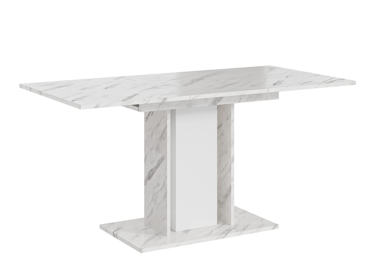 Extended dining table with White Bianco Marble Effect top, white central column and marble effect side columns
