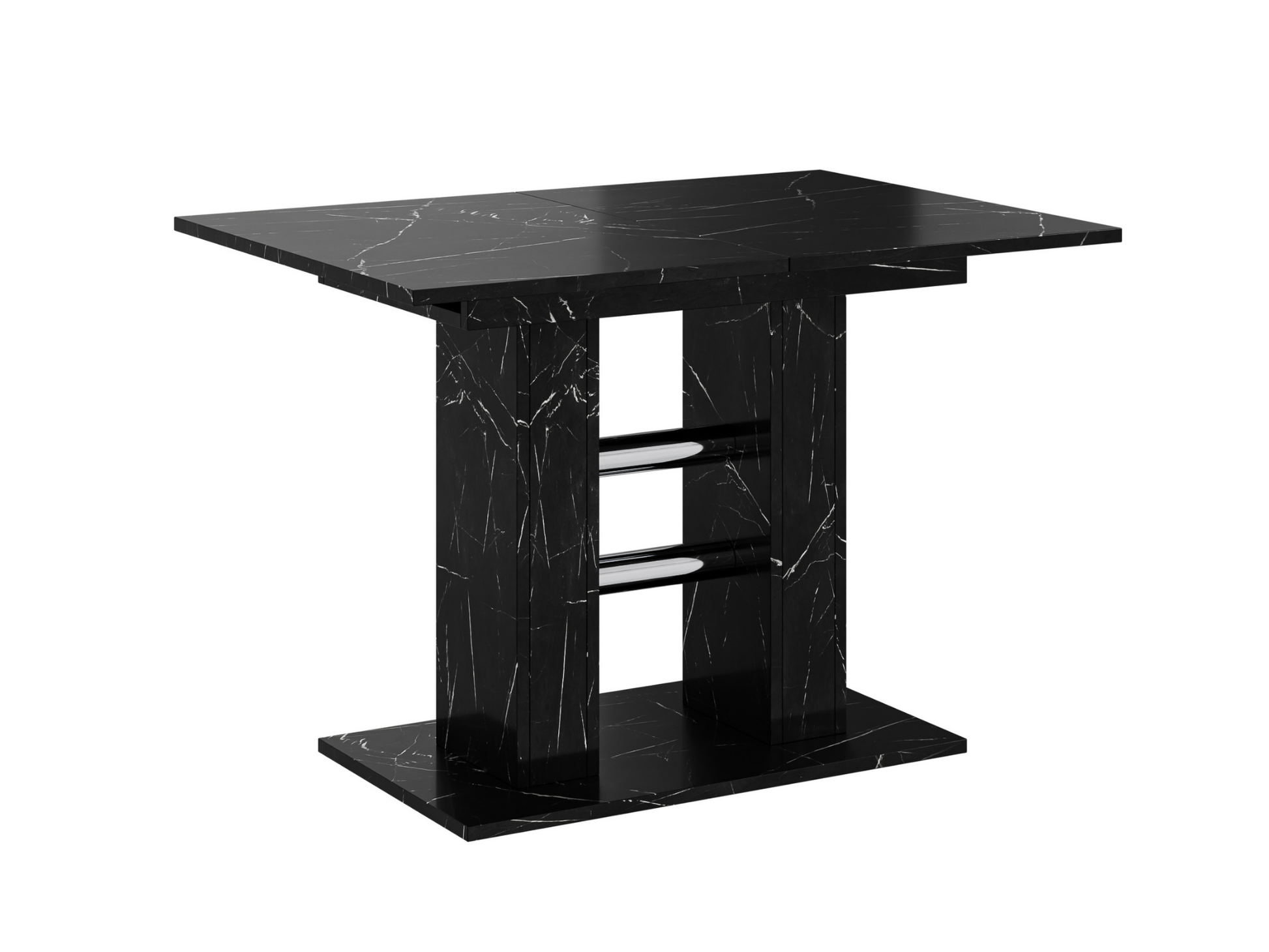 Extendable table partially opened, showcasing the Black Royal Marble Effect finish and pedestal support