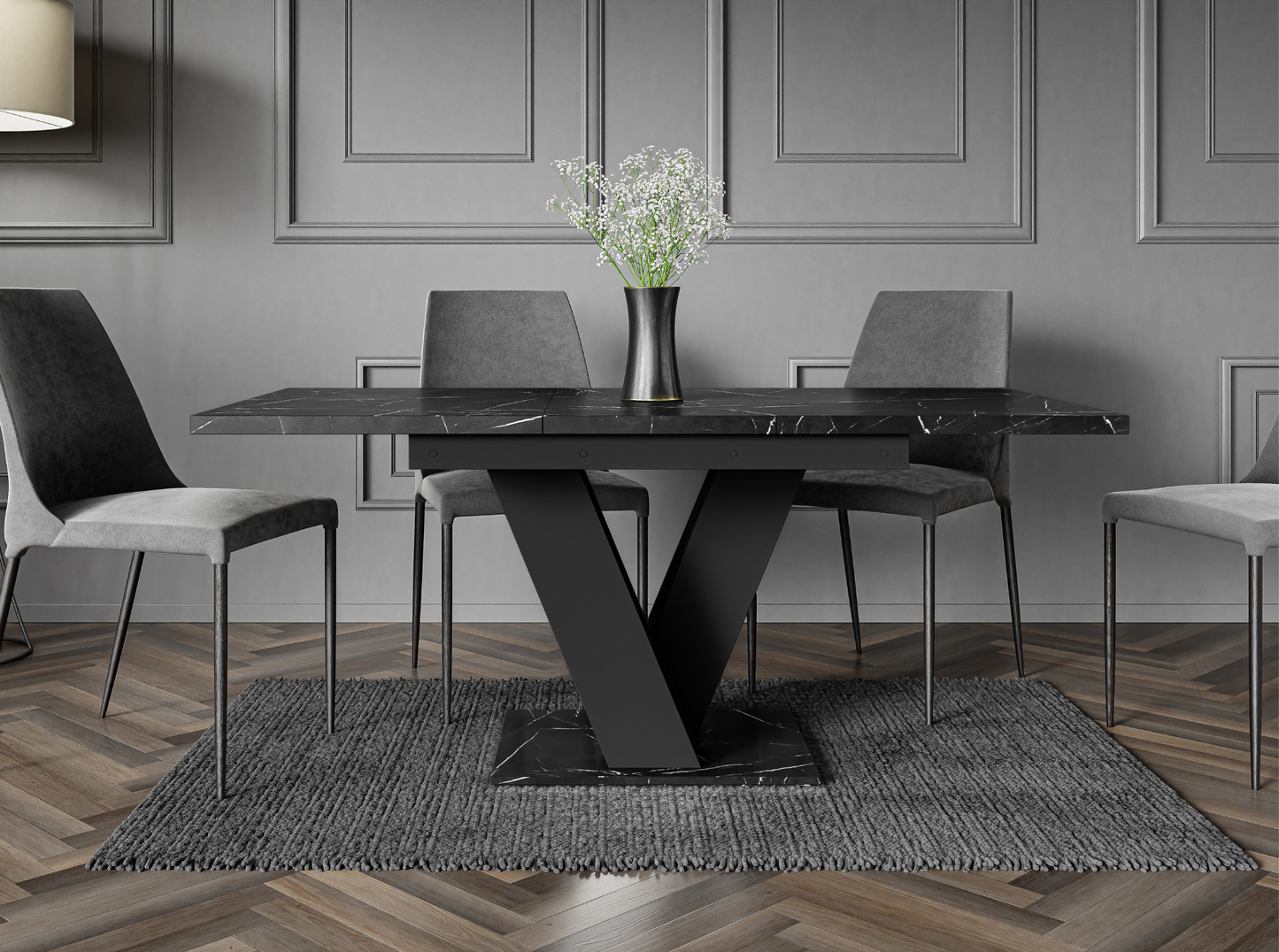 Glamour style dining table with black royal marble top and bold black V-shaped stand.