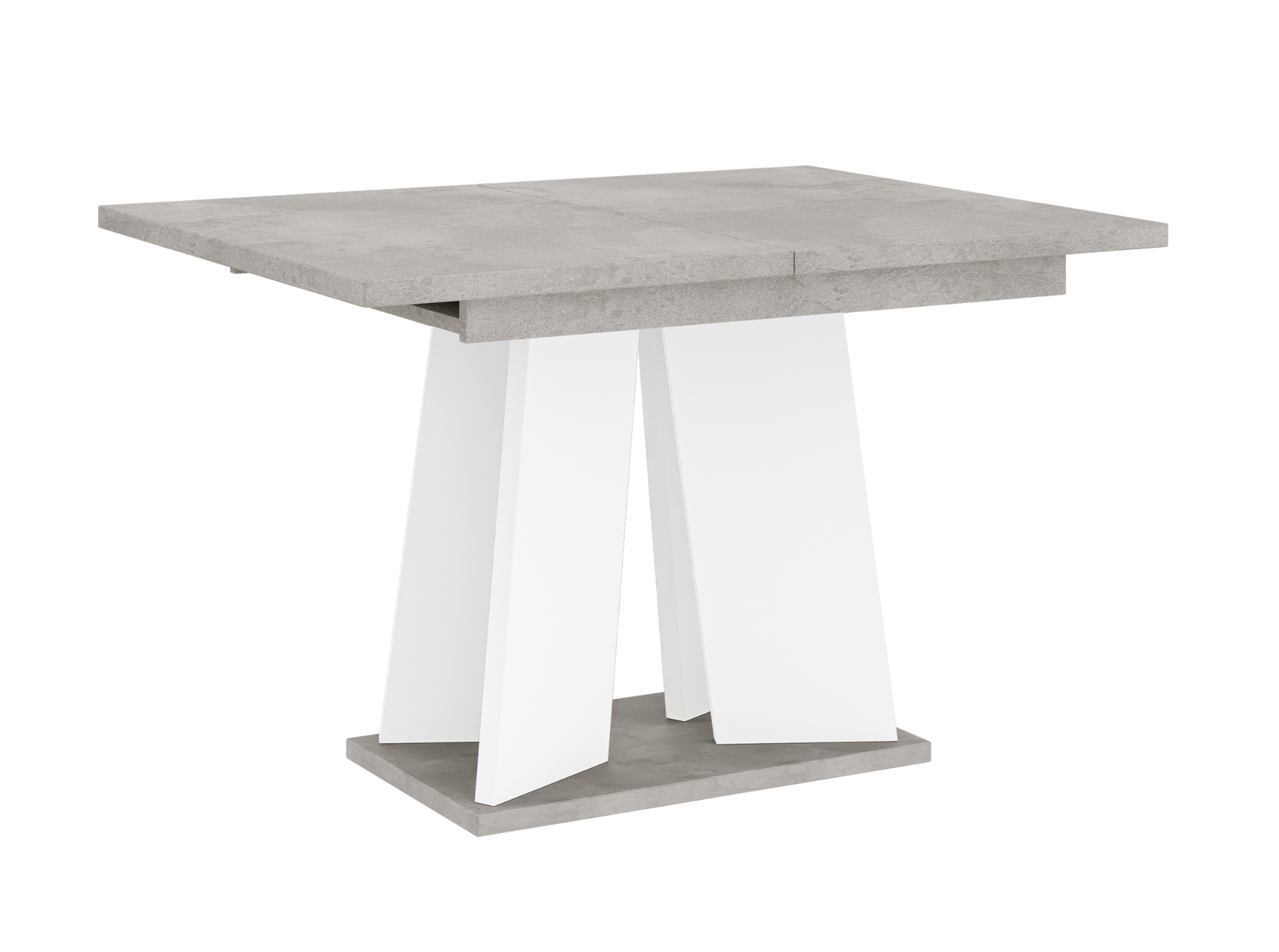 Contemporary dining table in grey concrete and white – extendable surface for extra space.