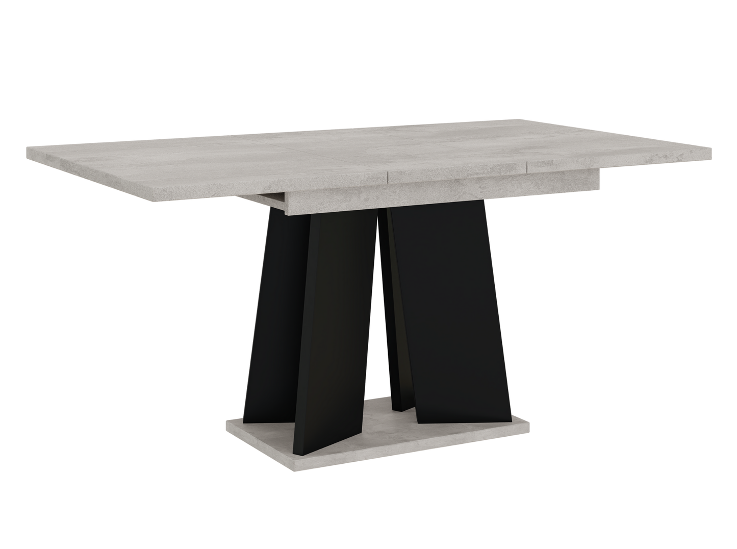 Modern extendable dining table 160 cm – concrete effect top paired with elegant black supports.