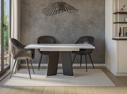 Stylish concrete-effect extendable table with black base – minimalist design for six-seater dining.