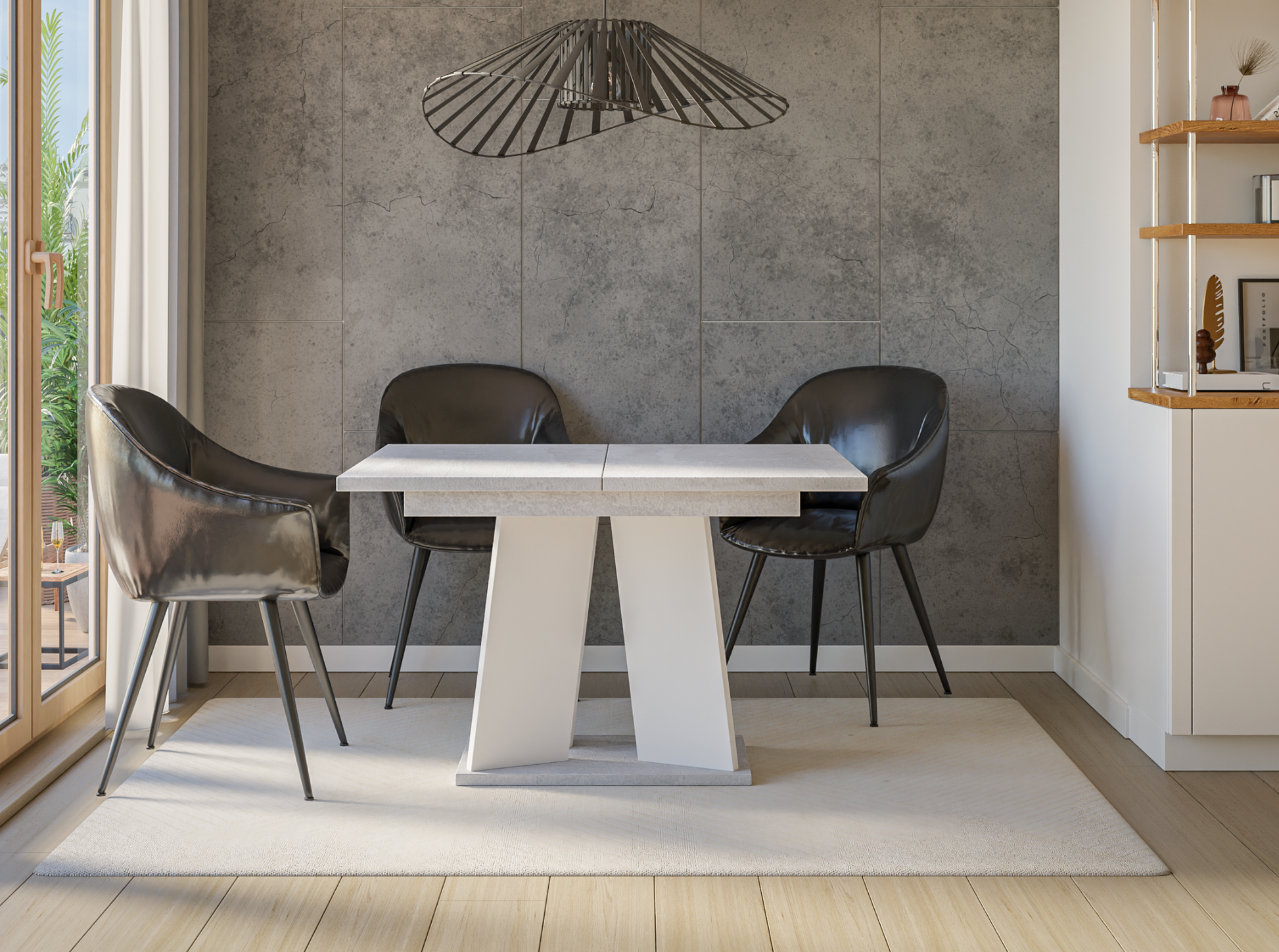 Elegant extendable dining table with concrete grey top and white geometric base.