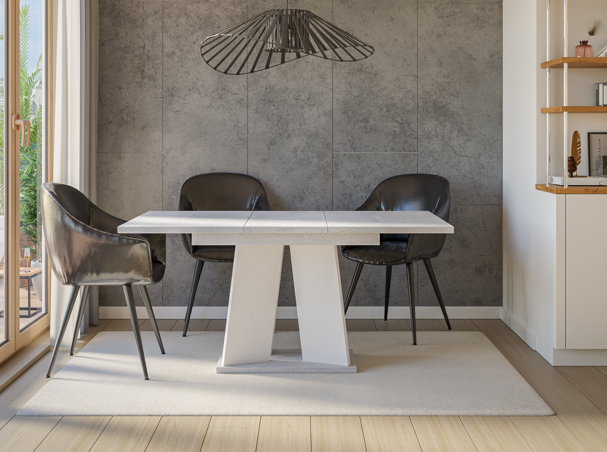 Extendable 120 cm concrete-effect table – modern style with contrasting white pedestal base.