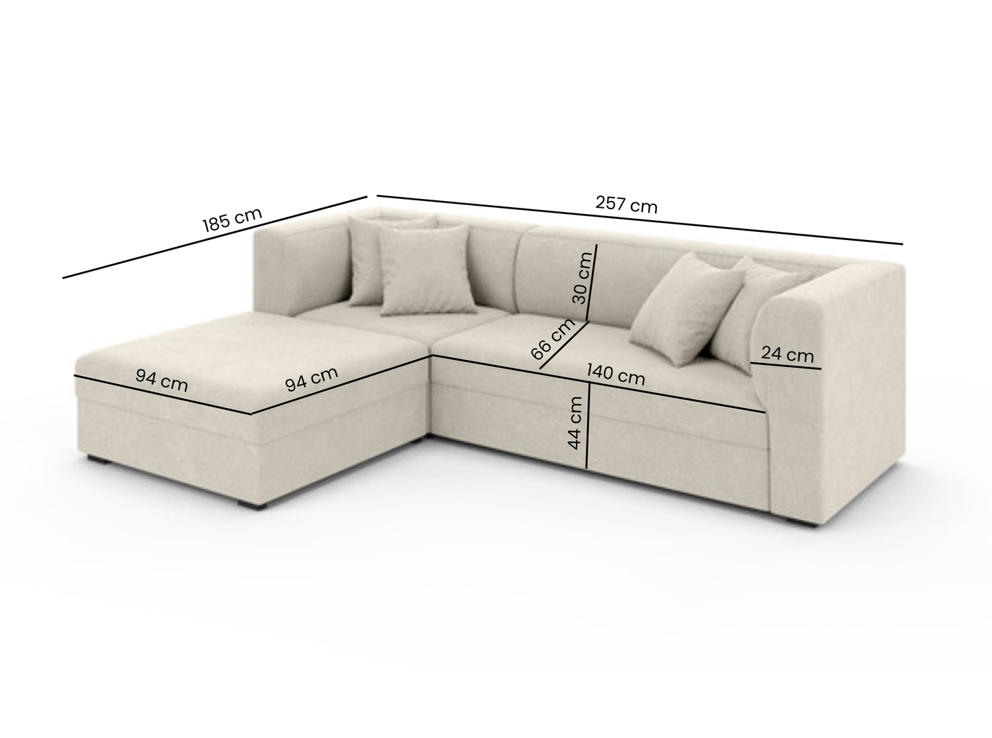 open storage compartment in beige corner sofa bed, practical design for bedding and accessories