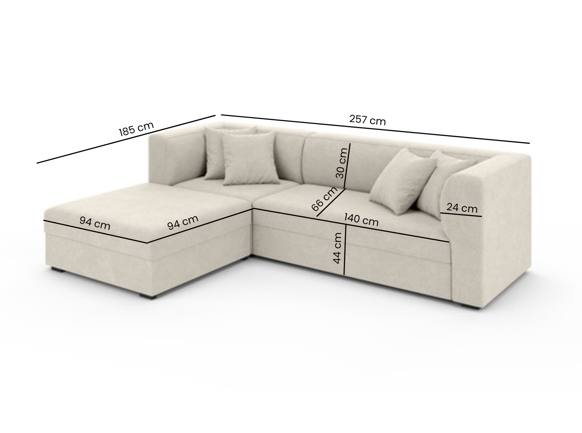 open storage compartment in beige corner sofa bed, practical design for bedding and accessories