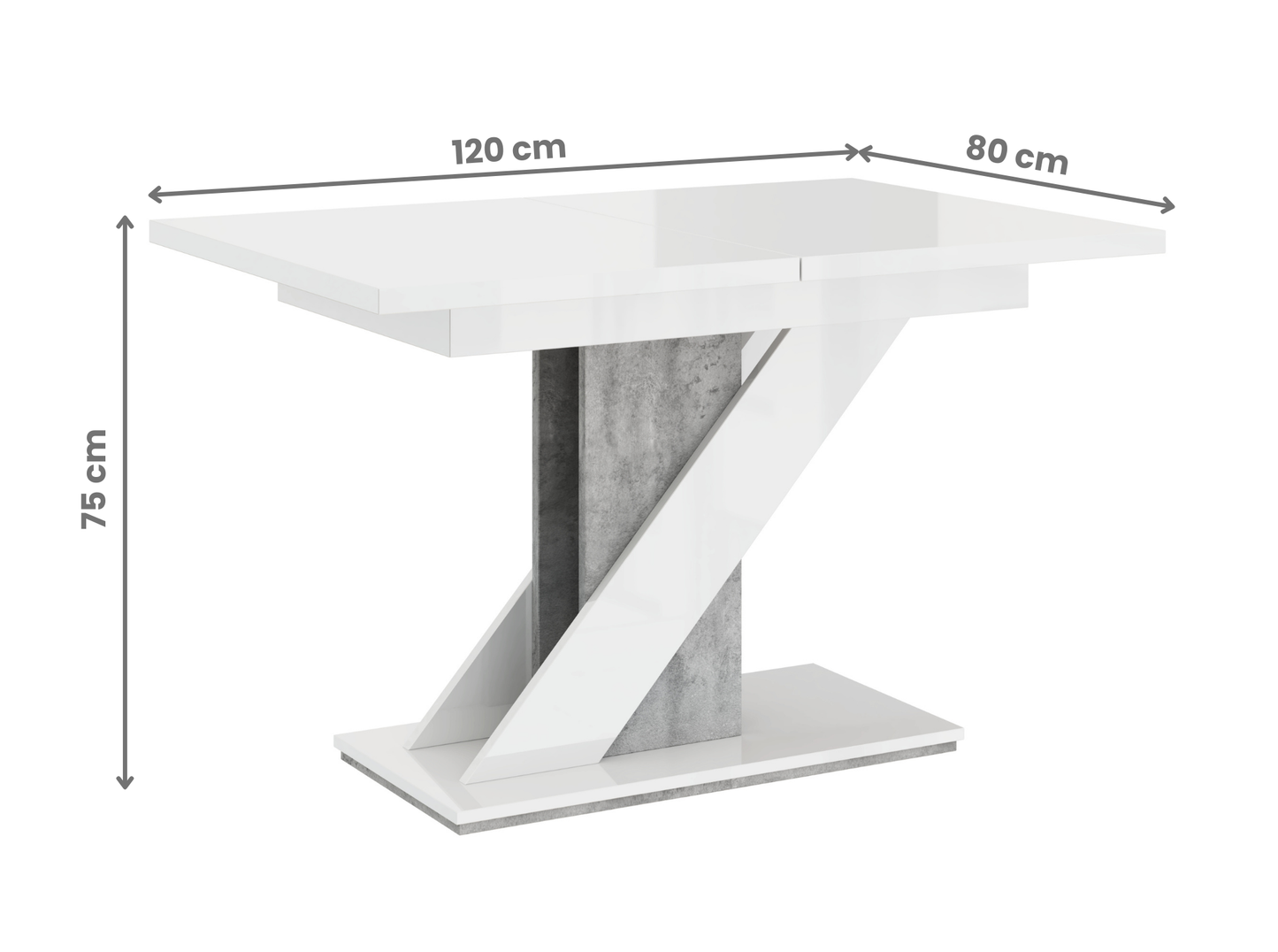 Space-saving 6 seater extendable dining table MAVEA in white gloss and concrete look.