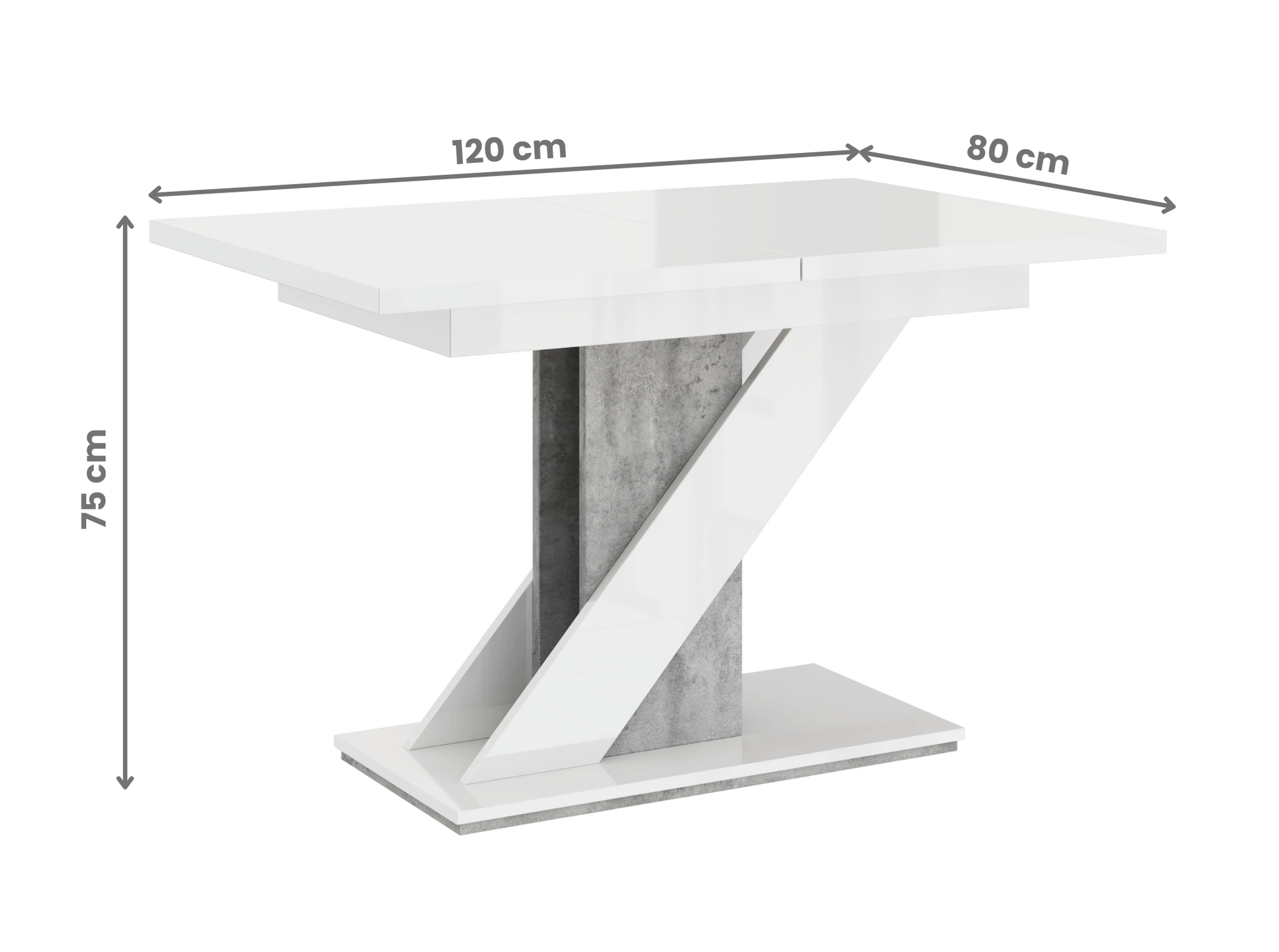 Space-saving 6 seater extendable dining table MAVEA in white gloss and concrete look.