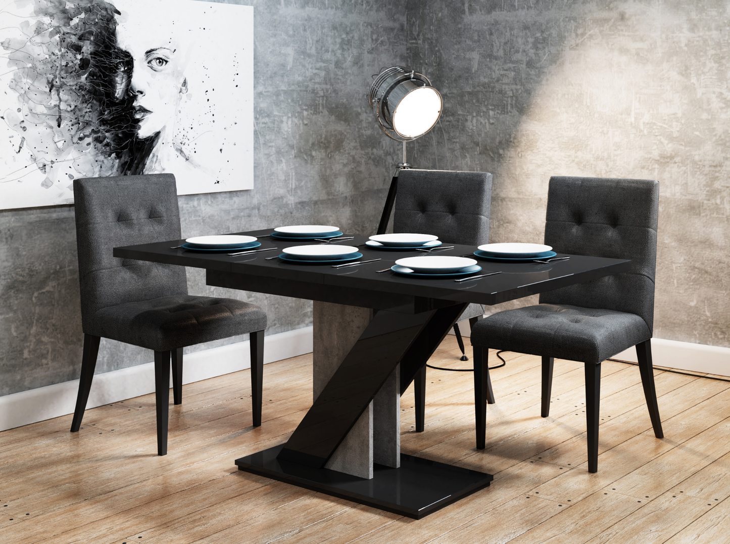 Modern extendable dining table with glossy black top and industrial concrete effect stand.
