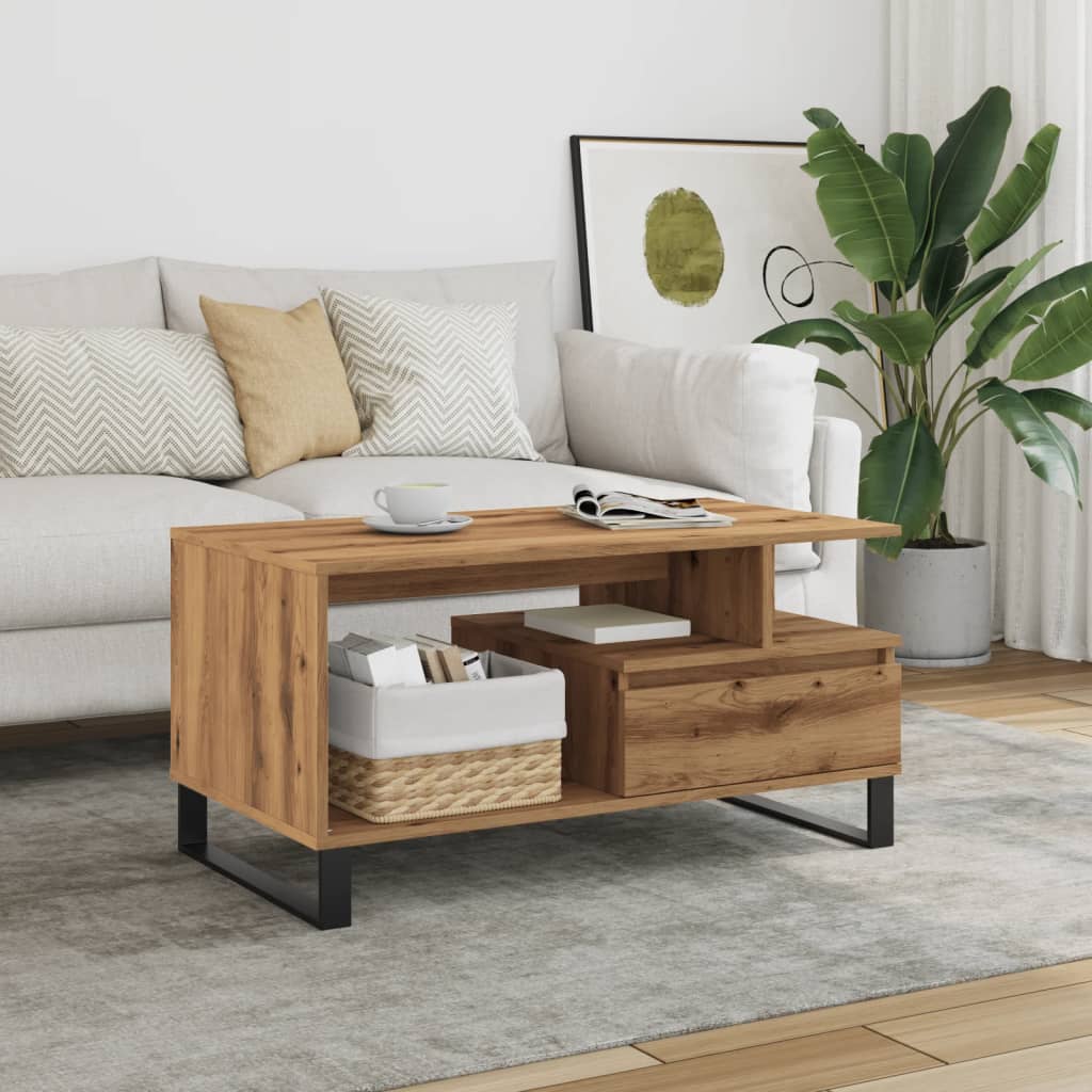 Stylish oak coffee table with black metal frame in a modern living room, combining warmth and industrial design.