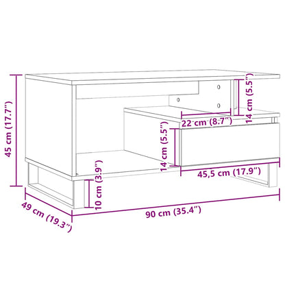 Technical diagram showing detailed dimensions of the LOFTI oak coffee table with metal frame – 90 cm wide, 49 cm deep, and 45 cm high.