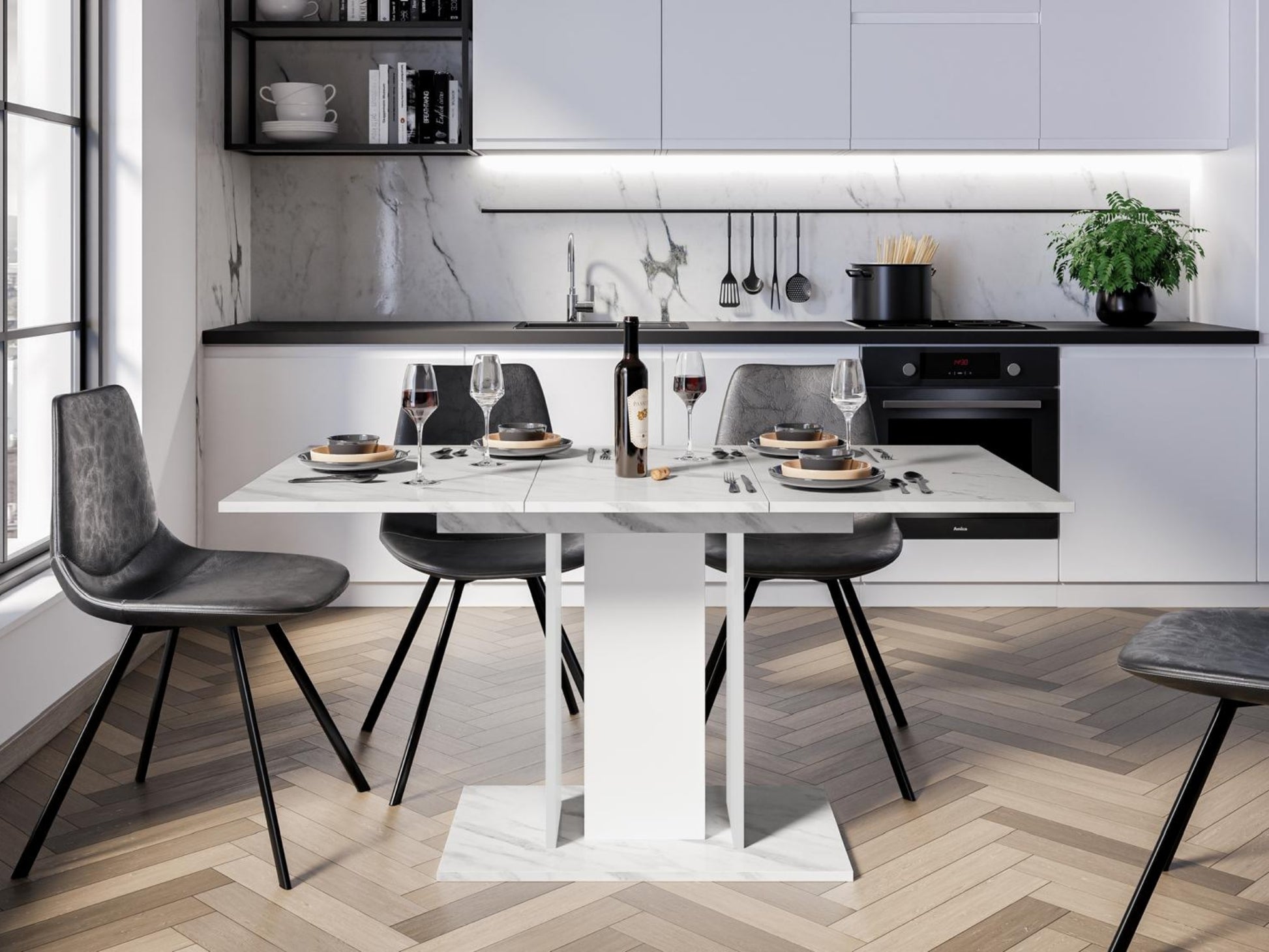 Modern extending dining table with White Bianco marble effect top and white pedestal columns in a bright dining space
