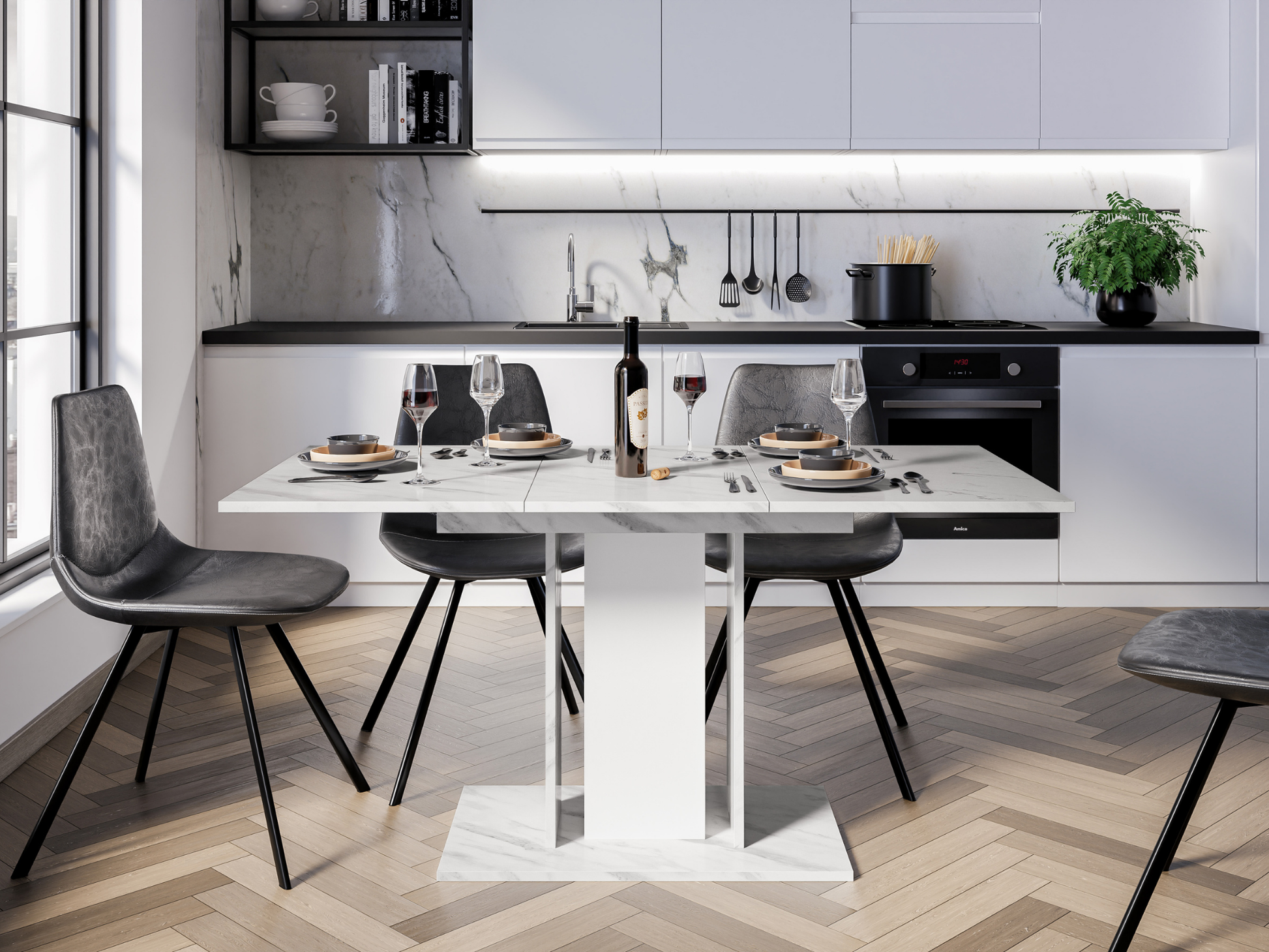 Modern extending dining table with White Bianco marble effect top and white pedestal columns in a bright dining space
