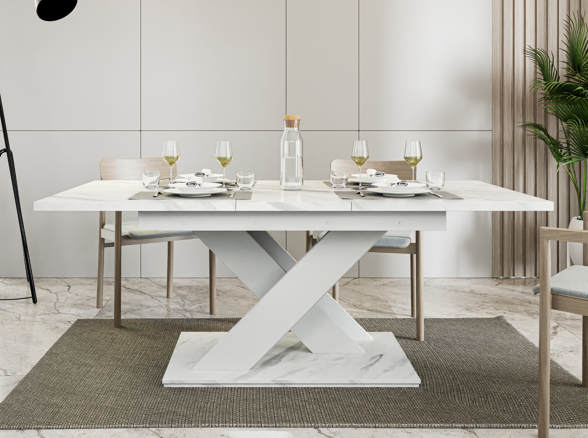 Sleek foldable dining table with Bianco marble effect, compact yet spacious.