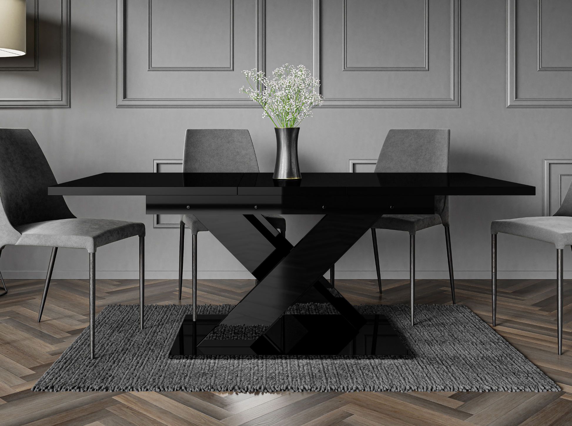 Sleek foldable dining table in black gloss, compact yet spacious.