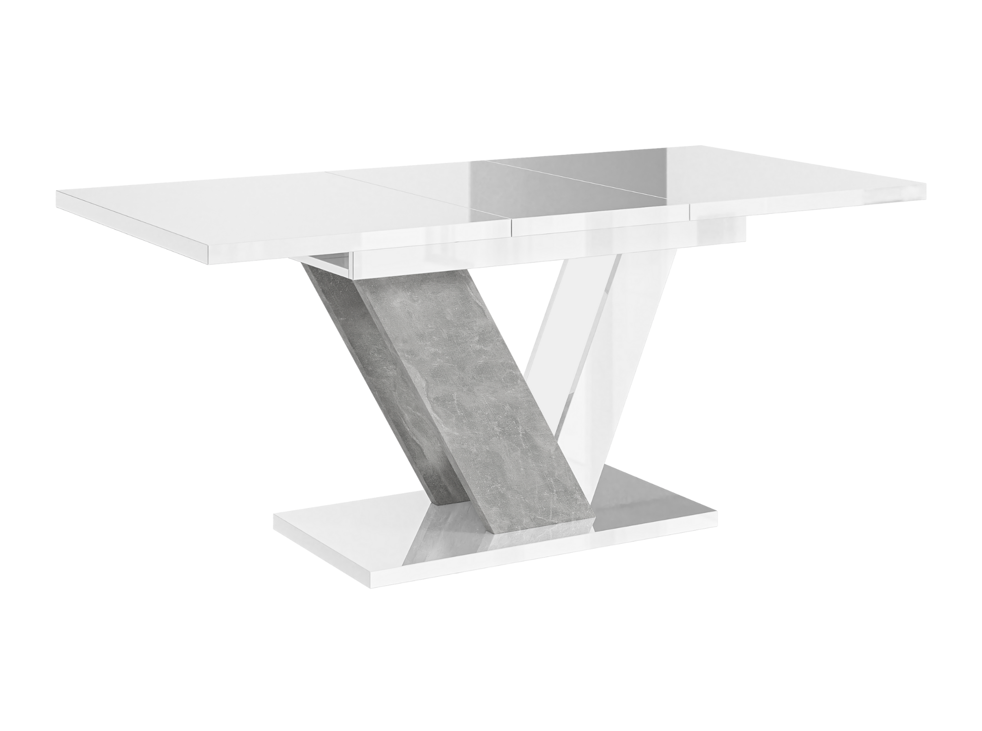 Contemporary DUBAI dining table with stone look base and glossy white top.