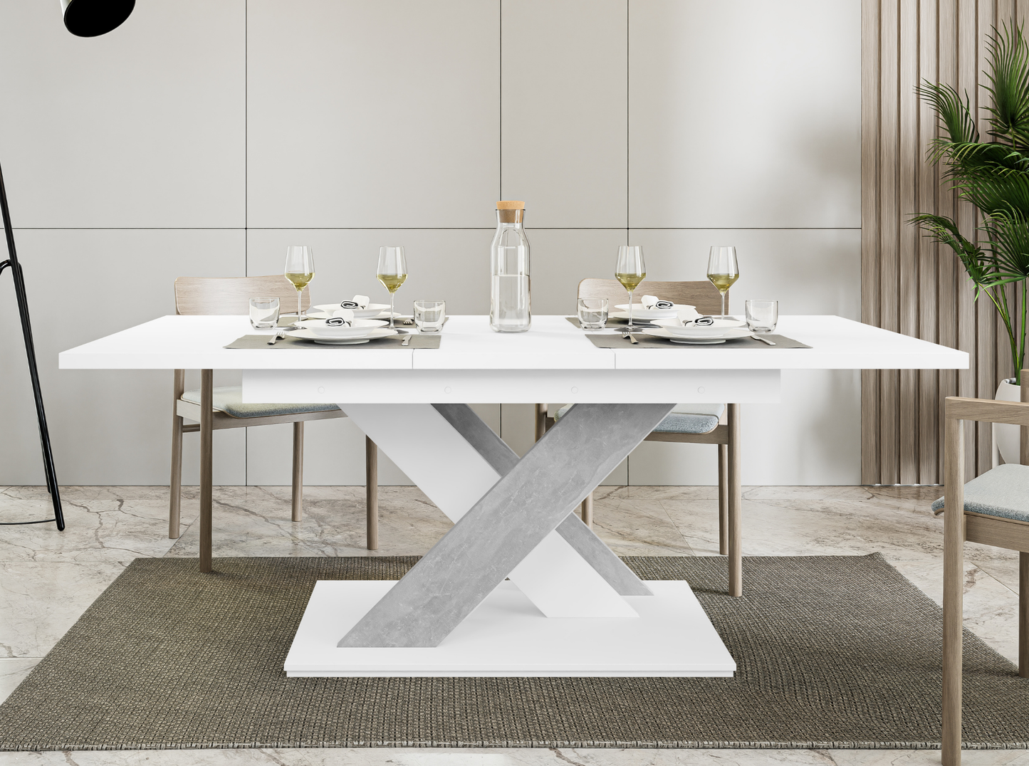 Sleek foldable dining table with white top and concrete effect base.