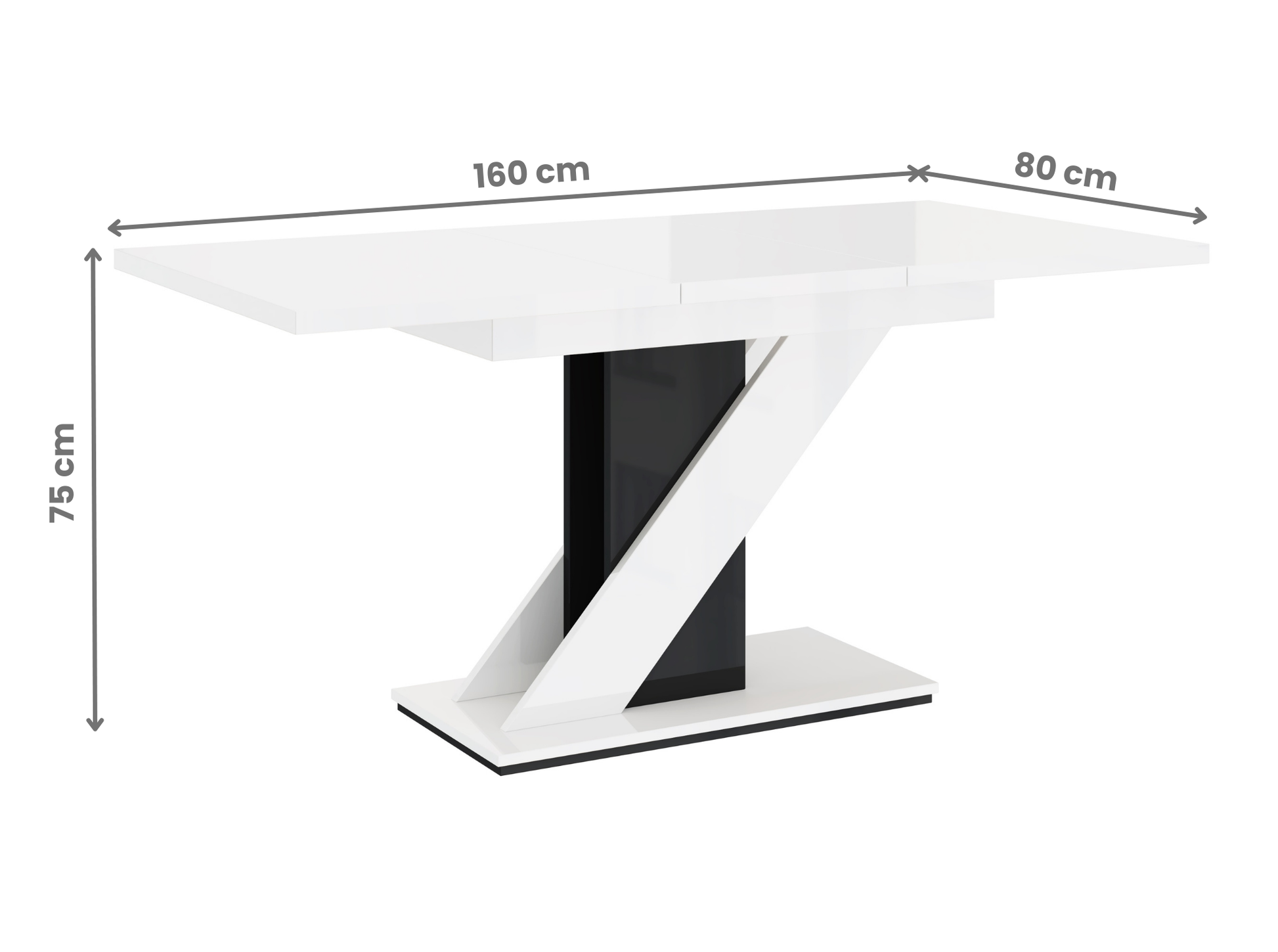 Extendable MAVEA dining table in glossy white and black, ideal for modern interiors.