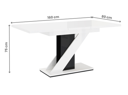 Extendable MAVEA dining table in glossy white and black, ideal for modern interiors.