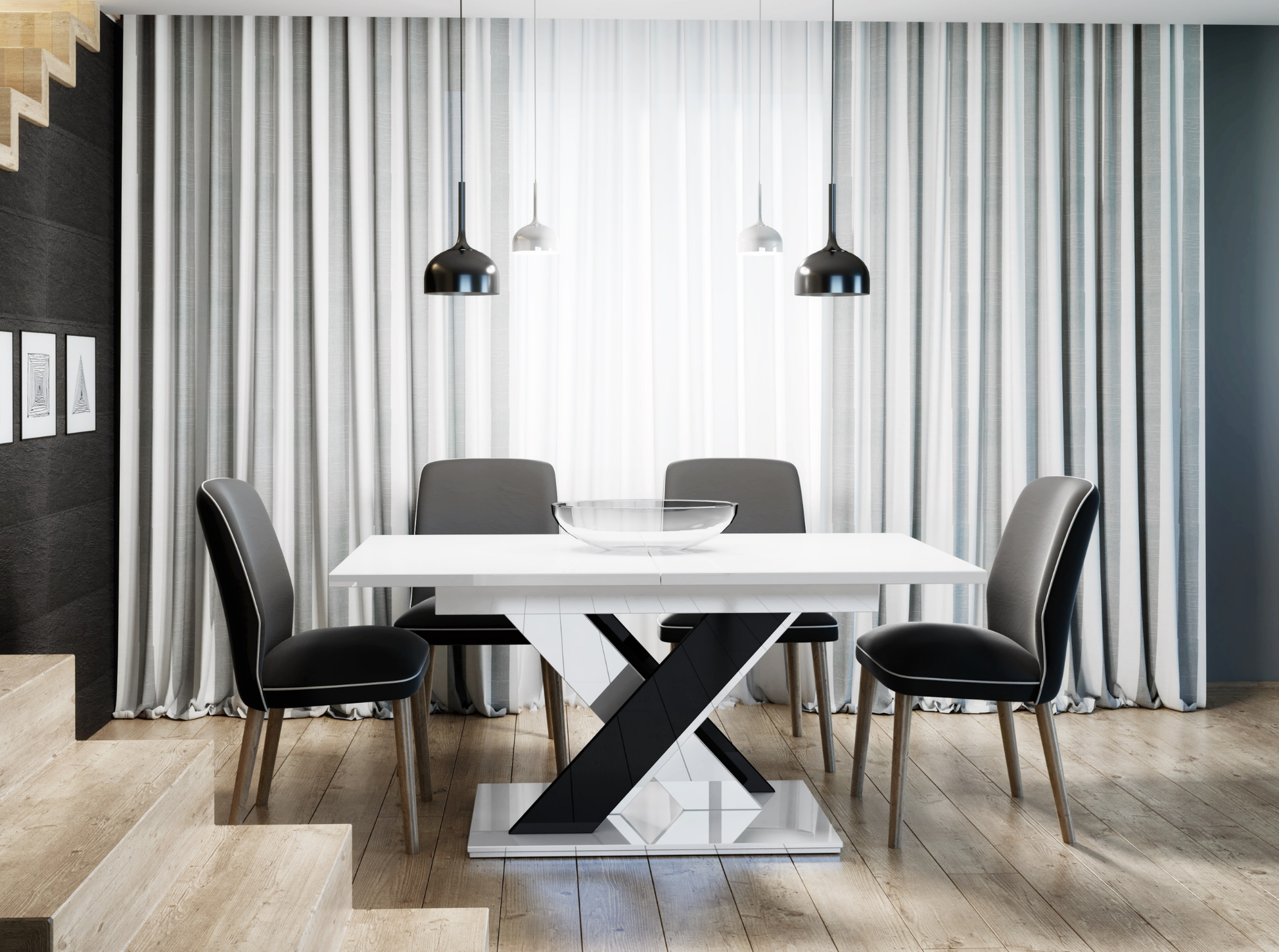 Sleek foldable dining table with white gloss top and black gloss base.
